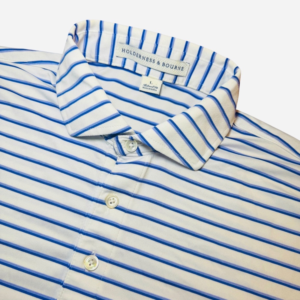 Holderness & Bourne Mens Large Tailored Fit Striped Golf Polo Shirt Blue White